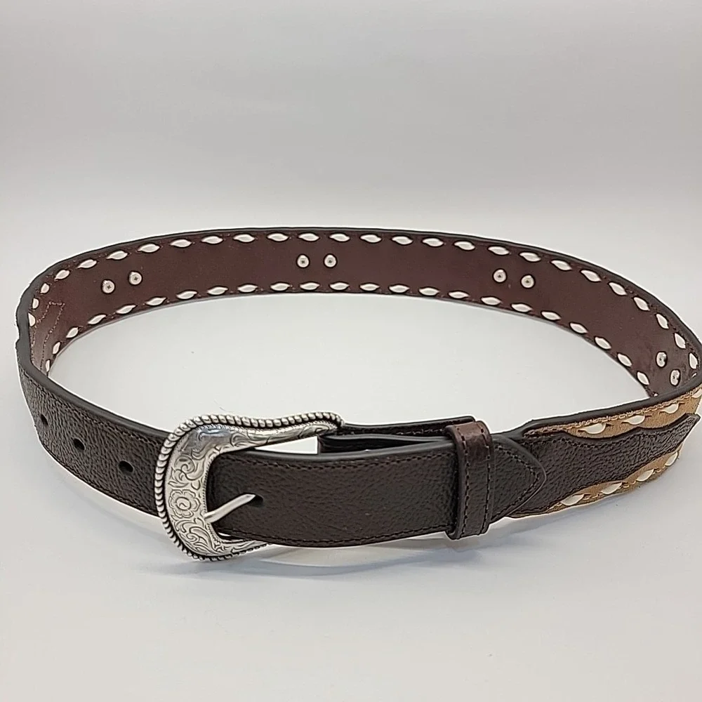 Nocona Belt Co. Silver Western Belt Size‎ 32 Two-tone Leather Brown Star Concho